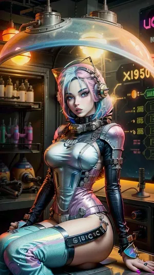 bmb-fc, <lora:bimbo-fc-1.6a:1.2>, Girl wearing a space helmet sitting on a rocket in space, 1970s scifi, (1950s science fiction:1.5), (intricate details:.7), (film grain:.5), (freckles, goosebumps, pores:.8), <lora:more_details:.5>, caza, <lora:CazA-08:.6>, cute tall face, long hair, sexy yellow látex spacesuit, (neon pink gold spacesuit:1), glass helmet, ((round bubble glass helmet)), ((goth, emo, emo girl:1.4)), (pale white skin), (Goth Punk Hair), (Muscular body), Tattoos, (long colorful bright blue hair:1.5), distinctive angular hair cut with large colorful forelocks framing her face. large green eyes with thick black eyelashes, determined expression, (Gold and pink Space Uniform), big butt, wears a black choker, She has a slender and athletic build, Angular Facial Features, high cheekbones and a pointed chin. She wears pink lipstick, <lora:weight_slider-LECO-v1:-1>, <lora:age_slider_v20:-2>, <lora:breastsizeslideroffset:-0.2>, mgoth, <lora:ModernGoth_Beta3:.7>, atompunkstylesd15