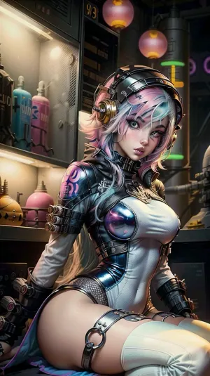 bmb-fc, <lora:bimbo-fc-1.6a:1.2>, Girl wearing a space helmet sitting on a rocket in space, 1970s scifi, (1950s science fiction:1.5), (intricate details:.7), (film grain:.5), (freckles, goosebumps, pores:.8), <lora:more_details:.5>, caza, <lora:CazA-08:.6>, cute tall face, long hair, sexy yellow látex spacesuit, (neon pink gold spacesuit:1), glass helmet, ((round bubble glass helmet)), ((goth, emo, emo girl:1.4)), (pale white skin), (Goth Punk Hair), (Muscular body), Tattoos, (long colorful bright blue hair:1.5), distinctive angular hair cut with large colorful forelocks framing her face. large green eyes with thick black eyelashes, determined expression, (Gold and pink Space Uniform), big butt, wears a black choker, She has a slender and athletic build, Angular Facial Features, high cheekbones and a pointed chin. She wears pink lipstick, <lora:weight_slider-LECO-v1:-1>, <lora:age_slider_v20:-2>, <lora:breastsizeslideroffset:-0.2>, mgoth, <lora:ModernGoth_Beta3:.7>, atompunkstylesd15