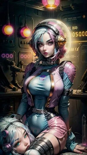 bmb-fc, <lora:bimbo-fc-1.6a:1.2>, Girl wearing a space helmet sitting on a rocket in space, 1970s scifi, (1950s science fiction:1.5), (intricate details:.7), (film grain:.5), (freckles, goosebumps, pores:.8), <lora:more_details:.5>, caza, <lora:CazA-08:.6>, cute tall face, long hair, sexy yellow látex spacesuit, (neon pink gold spacesuit:1), glass helmet, ((round bubble glass helmet)), ((goth, emo, emo girl:1.4)), (pale white skin), (Goth Punk Hair), (Muscular body), Tattoos, (long colorful bright blue hair:1.5), distinctive angular hair cut with large colorful forelocks framing her face. large green eyes with thick black eyelashes, determined expression, (Gold and pink Space Uniform), big butt, wears a black choker, She has a slender and athletic build, Angular Facial Features, high cheekbones and a pointed chin. She wears pink lipstick, <lora:weight_slider-LECO-v1:-1>, <lora:age_slider_v20:-2>, <lora:breastsizeslideroffset:.4>, mgoth, <lora:ModernGoth_Beta3:.7>, atompunkstylesd15