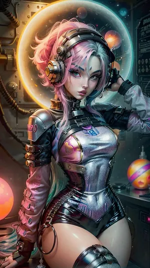 bmb-fc, <lora:bimbo-fc-1.6a:1.2>, Girl wearing a space helmet sitting on a rocket in space, 1970s scifi, (1950s science fiction:1.5), (intricate details:.7), (film grain:.5), (freckles, goosebumps, pores:.8), <lora:more_details:.5>, caza, <lora:CazA-08:.6>, cute tall face, long hair, sexy yellow látex spacesuit, (neon pink gold spacesuit:1), glass helmet, ((round bubble glass helmet)), ((goth, emo, emo girl:1.4)), (pale white skin), (Goth Punk Hair), (Muscular body), Tattoos, (long colorful bright blue hair:1.5), distinctive angular hair cut with large colorful forelocks framing her face. large green eyes with thick black eyelashes, determined expression, (Gold and pink Space Uniform), big butt, wears a black choker, She has a slender and athletic build, Angular Facial Features, high cheekbones and a pointed chin. She wears pink lipstick, <lora:weight_slider-LECO-v1:-1>, <lora:age_slider_v20:-2>, <lora:breastsizeslideroffset:-0.2>, mgoth, <lora:ModernGoth_Beta3:.7>, atompunkstylesd15