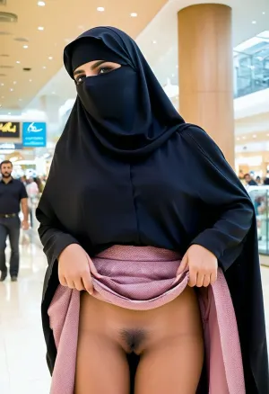young beautiful Arabic girl 18 years old, skinny, Arab girl in a burqa, (Abaya), (burqa), (hijab), (girl shows her pussy by lifting up her skirt:1.5), (lifted skirt:1.3), (no panties:1.4), (pussy, smooth pussy:1.2), (shopping mall, many people in the background:1.2), <lora:skirtlift_xl:.5>, <lora:burqa:.5>
