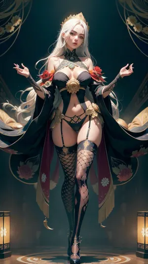 얼굴과 완벽한 몸이 3D 환경에서 캡처 된 여성은 복잡한 패턴과 질감에 둘러싸여 있습니다. 배경은 밝은 색깔, 네온 빛 및 복잡한 디자인의 가득합니다. 분위기는 혼란하지만 captivating,