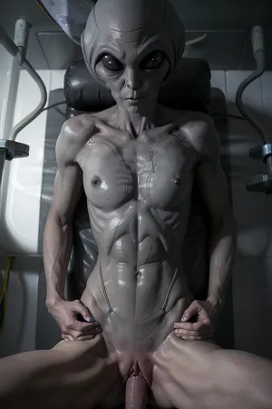 Um homem fode uma mulher alienígena cinza numa sala de operações, usando um pénis para penetrar na vagina dela. A cena é colocada em uma sala de operação onde as luzes são fracas e há ferramentas cirúrgicas espalhadas ao redor