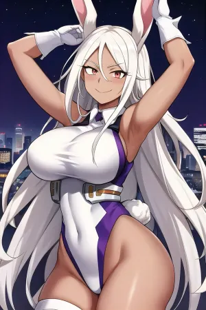 AI, büyük göğüsler, kürk yakası ve karanlık deri ile yüksek hacimli bir kadın resmini taradı. Onun bacaklarında kırmızı renkte ve saçları uzun ve beyazdı