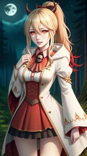 A mulher com chifres longos e olhos brilhantes é vista agarrando seu próprio peito enquanto se masturba na floresta escura, cercada por árvores e arbustos. Ela tem uma saia larga e saltos altos, com seu cabelo em um rabo de cavalo. A mulher está vestindo