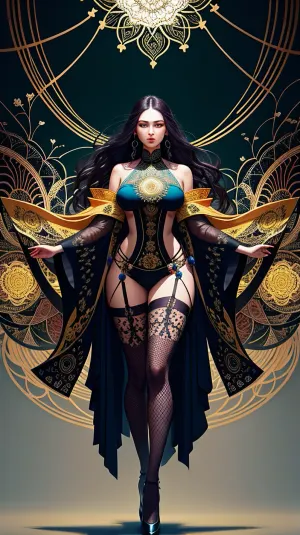 여성의 몸은 복잡한 패턴과 디자인에 덮여, 각 예술 작품. 그녀의 피부는 매끄럽고 놀고, 내부에서 emanate에 보이는 황금 hue와. 그녀의 눈은 푸른 깊은 풀, 강도로 가득