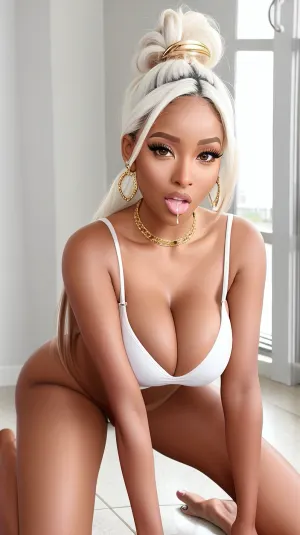 Full body image, (extremely beautiful young adult girl), dark skinned ebony, tan skin, (model face), long hair, pony tail, oval face, tall young adult girl, (shocked face), ponytail, (skinny), on knees, eye contact, gold choker, action shot, sucking, (((white man))), (((white penis))), ajiona, BigDickDanDQuiron, style, melis, DV_Ana_Vicious, AllisonSFchz, <lora:quiron_BigDickDanD_v4_Lora:.5>, <lora:Melis-06:.5>