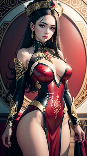 woman, Create a hyper-detailed, hyper-realistic portrait of a breathtaking beauty wearing a Russian kokoshnik, a symbol of elegance and cultural heritage. Her ensemble gracefully fuses the feminine allure of a traditional sarafan with a sleek, one-piece tight leather bodysuit in rich emerald green. Accentuate her look with iridescent and luminescent dark-red scales, radiating attractiveness and power. Complete her ensemble with knee-high leather boots, adding a refined touch. This look perfectly embodies a harmonious blend of classic elegance and contemporary fashion, showcasing her unique individuality, strength, and a hint of rebellion reminiscent of Tsarist nobles. Incorporate elements of 3D game art, influenced by CLAMP's style, with a porcelain-like finesse. Utilize high-contrast shading techniques, and integrate intricate patterns inspired by Zentangle and mandalas. Fractal art subtleties should also be weaved into the background, creating a depth of 1.1. Capture her in a natural posture, exuding effortless grace.