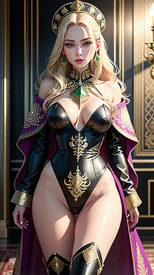 초현실적인 AI-generated 이미지는 근사하게 아름다운 복장에 여자를 묘사하고, 복잡한 세부사항과 상징주의를 가진 러시아 Kokoshnik를 착용합니다. ensemble는 전통적인 자수 및 민감한 Lacework로, 강화됩니다