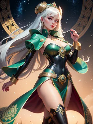 a hyper-realistic image of a breathtakingly beautiful woman, featuring perfect bodily proportions and a harmonious head-to-body ratio. Adorn her with a Russian Kokoshnik, a headpiece that embodies elegance and tradition. Her attire should seamlessly fuse the feminine allure of the traditional sarafan with a sleek, modern bodysuit crafted from emerald green leather. Accentuate her ensemble with rainbow-hued and luminescent scales, exuding a sense of grace, sensual, and might. Complete her look with knee-high heeled leather boots, adding a touch of refinement. Her styling should effortlessly blend classic sophistication with contemporary vogue, showcasing her unique personality and inherent strength, reminiscent of a rebellious Tsarist aristocracy aesthetic. Position her standing naturally and elegantly against a backdrop dominated by a mandala and a starlit sky, gracefully wielding a sword in her hand. Ensure the image boasts high-definition clarity, with soft, flattering lighting and exceptional recognizability. Avoid any distorted facial features, limbs, or fingers. There must be no extra limbs, fingers, or any anatomical abnormalities. Guarantee that all elements, including clothing details, and limbs, are rendered with crisp precision, adhering strictly to anatomical accuracy. 3d game art, clamp, porcelain, high-contrast shading, (zentangle, mandala), (fractal art:1.1)