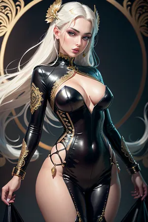iridescent and luminescent scales, A classic tight leather bodysuit, with traditional Kokoshnik and sarafan elements, hyper detailed hyper realistic stunningly beautiful woman dressed in fashion combination of tight leather bodysuit, Kokoshnik and sarafan merged with classic tailoring style from head to toe, Kokoshnik and sarafan makeup and accessories, classic tight leather bodysuit accents with Russian Kokoshnik and sarafan flair, in the style of Rebellious tsarist nobles, 2d game art, clamp, porcelain, high-contrast shading, full body display, (zentangle, mandala, tangle, entanglement), (fractal art:1.1)
