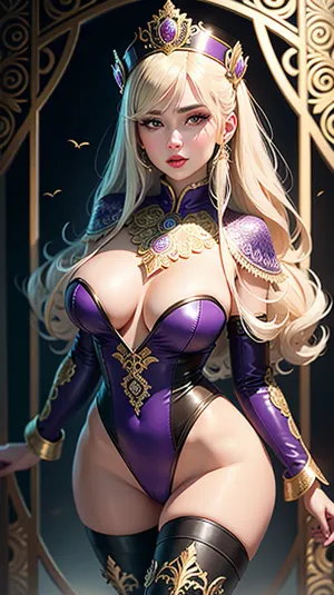 전통적인 러시아어 kokoshnik과 그녀의 얼굴에 황금 가늠자를 intricate를 가진 초현실적인 복장에 있는 여성은, mandala inspired 물고기 그물 단단한을 착용하고, 그녀의 feminine 매력을 강화하. 한 조각 물고기 그물 스타킹 추가