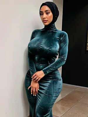 A young woman with a large breast and long dress is seen in a realistic pose with her hand on her hip, as she stands in front of a man with a big penis. The man has full body, including a large breast and long dress,