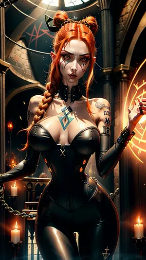 一个穿刺蓝眼睛和长生姜毛的女孩站在战场上,投下了强大的咒语来打败她的敌人. 她的肩上有一个纹身和一个紧身的顶部,拥抱着她身体的每一条曲线,展示出每一寸的皮肤. 