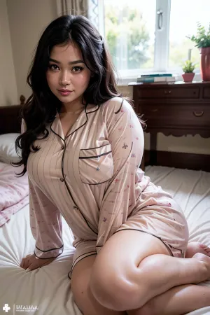 ((fat dark haired filipino woman 45year)), fat stomach, fat breasts, fat legs, black hair, medium hair, straight hair, vendi, <lora:vendi:.5>, plump lips, red lips, <lora:Real BBW V1:.2>, Image of, Adorable, girl next door, very_much_blush on the cheeks and nose, (((tease blushing))), horny face, very happy smile, lots of freckles face and skin, innocent, tempting, nubile, messy curly bun, (masterpiece), amatuer, photo realistic, clear face, best quality, (((pajamas))), <lora:pajamas-10:.5>, across, bed, <lora:AcrossBed-10:.5>
