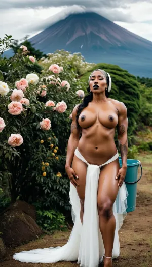 woman, Nude African Pure Black, Full Body View, Sad Face, Cry, Hold Bucket Flowers, Hijab, Black Lips, Plus Size, Big Muscular, Professional Body Builder, Athlete, Big Nipples, Big Areola, Gaint Breast Tits, Thick Ass, Hairy Armpit, Hairy Pussy, Open Legs, Open Pussy, Wet Oiled Body Skin, Piercing, Tattoo, Bride Wedding Dress, Wedding Day at Fuji Mount