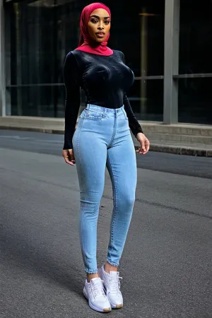 A woman with a large bust and long dress is seen in a high-resolution picture, with her body covered in various details. The man with the hijab is seen behind her, his hand on her hip. The picture is realistic and detailed,