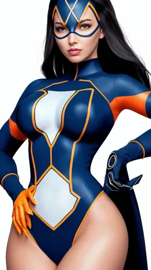 A woman in a futuristic outfit, with a tight spandex bodysuit and no mask, sits at her desk with a coloring book. She is using the X-Men Classics UNIFORM inspired by COMIC BOOKS aesthetics. The