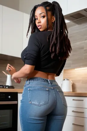 A woman in her kitchen, wearing a high-waist jeans and torn jacket, is cooking a delicious meal. She has a very American skin tone and wears 8k high definition dark glasses. Her hair is black and she has a very sexy body