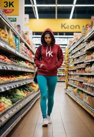 In un supermercato, Ahalya MXAI generato dall'IA sta camminando verso la fotocamera con un'espressione annoiata sul suo viso. Indossa pantaloni yoga e una felpa, e ha una forte concentrazione negli occhi. L'immagine sembra che fosse