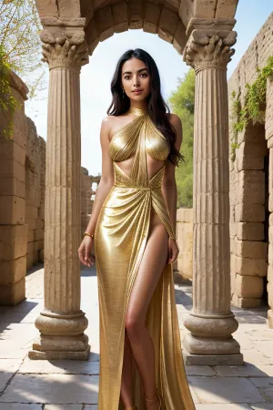 Dans l'ancienne ville, une fille dans une tunique élégante avec une fine dentelle sur ses seins se tient souriant et fossettes sont visibles sur ses joues. Elle a une taille mince, de petits seins, et un vagin de plomb qui est visible à travers le tissu de sa toun