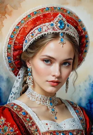 国家服饰中俄罗斯美人的肖像,光彩灿烂,色彩丰富. 超级清澈,高度详细的水彩, 光泽技术,加上有色酒精墨水