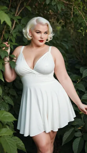 Pin up.bbw woman.Pin up. A cheerful fat woman stealthily undresses in dense bushes, is very and hides from prying eyes.Short white hair pixie haircut. A dress for a naked body.barefoot, dollskill, <lora:dollskill_starlet_mini_dress:.5>