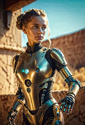 美しく作られた人間の特徴をもつ少女はローラーで優雅にグライドします、彼女の人工的な手は表面を渡って楽に指導します