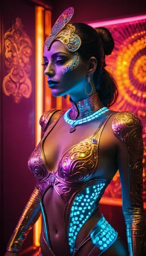 メキシコの女性は、音楽のリズムに踊っている裸婦の女性に囲まれたカラフルな光と霧に服を着ています。 彼女は彼女の携帯電話で写真を撮り、お祝いと楽しみの瞬間をキャプチャします