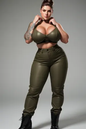 Ein atemberaubendes AI-generiertes Bild einer Frau mit Tattoos und einem frowning Ausdruck auf ihrem Gesicht sitzend auf einem Bar-Top, tragen hohe taillierte Hosen und matte Kampfstiefel. Sie hat breite Hüften, dicke Kämpferfrau, nur zwei Beine