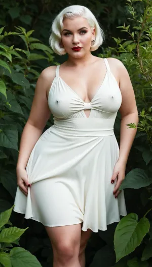 Pin up.bbw woman.Pin up. A cheerful fat woman stealthily undresses in dense bushes, is very and hides from prying eyes.Short white hair pixie haircut. A dress for a naked body.barefoot, dollskill, <lora:dollskill_starlet_mini_dress:.5>, braless, Wearing, clothes, that, make, sense, with, Braless>, <lora:bralessSDXL_v1_00022:.5>