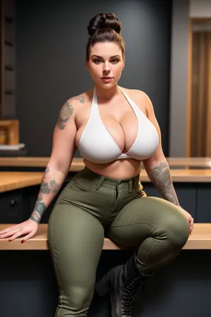 Das AI generierte Bild zeigte eine Frau mit Tattoos auf ihren Beinen und ein frowning Gesicht, sitzend auf einer Bar oben mit ihren Armen überquert. Sie trug hochwertige Neonhosen und Kampfschuhe, mit dicken Augenbrauen, die in Konzentration gefurcht wurden