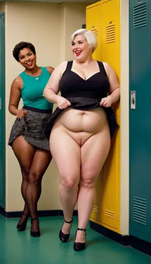 La grassa donna non vedeva l'ora di vedere il suo amico nello spogliatoio e scattava una foto con il suo telefono, prendendo un selfie con il testo "Pin up" su di esso. Amava come le sue curve guardavano nello specchio e scattava una foto di se stessa