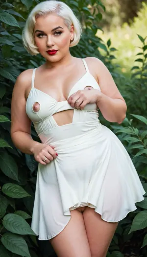 Pin up.bbw woman.Pin up. A cheerful fat woman stealthily undresses in dense bushes, is very and hides from prying eyes.Short white hair pixie haircut. A dress for a naked body.barefoot, dollskill, braless, Wearing, clothes, that, make, sense, with, Braless>, skirt, lift, lifted, by, self, <lora:dollskill_starlet_mini_dress:.5>, <lora:bralessSDXL_v1_00022:.5>, <lora:skirt lift XL V2:.5>