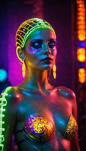 In una discoteca, una donna vestita nel Giorno Messicano dell'abbigliamento Morto ballato alla musica vivace. Le luci colorate hanno illuminato il viso e il corpo mentre si è spostata al ritmo della musica. Improvvisamente, un gruppo di donne nude è apparso da dietro di lei