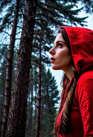 リトルレッドライディングフードスタイルのテキストで空を主演する赤いパーカーの女性のまだ