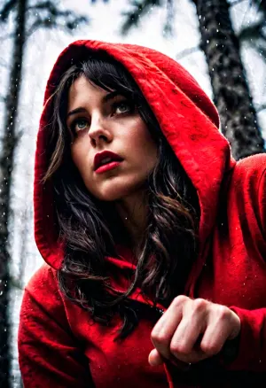 暗い森とエリーの森で、空に浮かび上がる赤いパーカーの女性。 突然、彼女は茂みに素晴らしさを聞き、彼女の主演する巨大なオカミを見るために回ります。 オオカミの目が赤く輝く