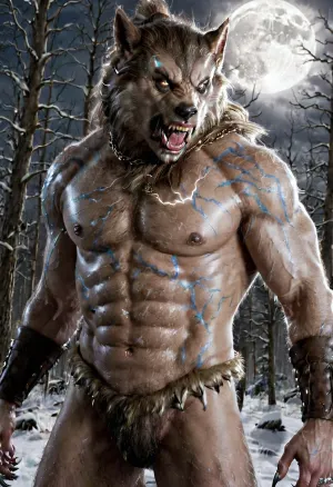 背の高いブーツとフードで雪の多い白い毛皮模様の衣装を着ています。 彼女は彼女の耳、鼻、眉毛にピアスがあり、彼女は彼女が笑顔で月の光の中で輝く鋭い牙を持っています