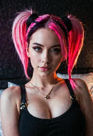 ビッグブレスト、輝く目、濃厚な黒のまつげで少女の写真を撮ったAI。 ネオンピンク髪と濃厚な黒のまつげを着ていました。 キャラクターの輪郭は、アーチ型のバックとダークな背景で魅惑的な外観でした。 シェイプ