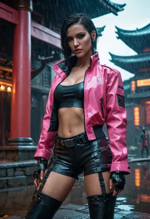 A foto do modelo Cyberpunk 2077 apresenta um retrato deslumbrante com arte de alta qualidade, gotejando água da chuva e uma roupa brilhante acentuando seu corpo. O uso de esquemas de cores realistas e elementos acrescenta à qualidade cinematográfica da foto, tornando-se