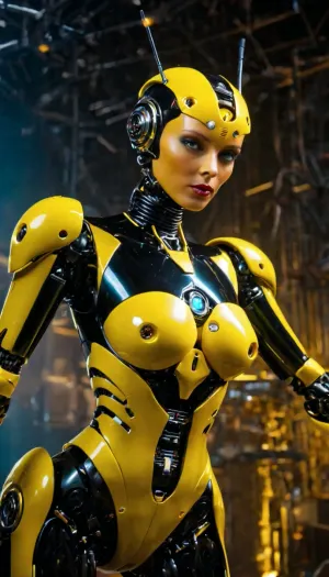 Der Wespenkopf Gesichtsroboter im Club hatte ein Bild von einer nackten Frau auf seinem Körper. Es zeigte breite und tiefe mechanische Muschi mit Kitzler als Sting. Die Lichter waren bunt und der Nebel war dick. Nahaufnahmen zeigten den Roboter