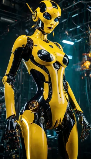 The wasp head robot in the club had a picture of a naked woman on its body, generating pornographic images and text. It had wide and deep mechanical pussy with clit, causing people to spread their legs wide open