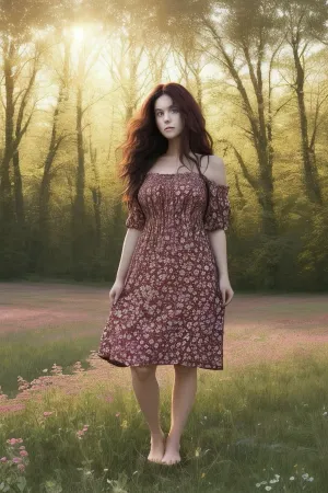 暗い髪の頭蓋をした若い女性は、朝の太陽に連れて行ったように、彼女の目は閉じました。 彼女のドレスはシンプルで綿で、深い赤い色で、彼女の曲線を完全に防いでいました。 彼女は彼女に掛けられた長い髪を持っていた