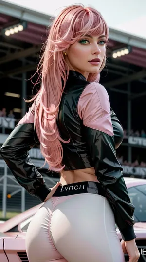 Die KI erzeugte ein pornographisches Bild einer schönen Frau mit Vollkörperporträt, die vor einem Rennwagen steht, einen weißen Cowboyhut und dunkle Jeans trägt. Sie hat extrem detaillierte Make-up und blush auf ihrem Gesicht, mit dramatischer Beleuchtung und