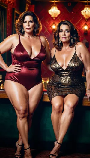 woman, the riccardo mannelli style, a55 year old plump hairy lesbian couple, relax in the night club, sexy dress, full figure