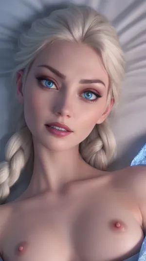 The woman in the picture had a flat chest, full body, and big erotic smile. She had symmetrical eyes, pointed ears, full facial features, professional-quality skin pores, topless wearing a blue braided white hair braid on her