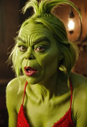 woman, Medium shot Photo of the grinch. It's a cinematic live action photography with cinematic and soft lighting. The photo was shot on a DSLR, Canon EOS D5 IV., fx-monsters-xl-meatsack, creature, monster, <lora:fx-monsters-xl-meatsack:.5>