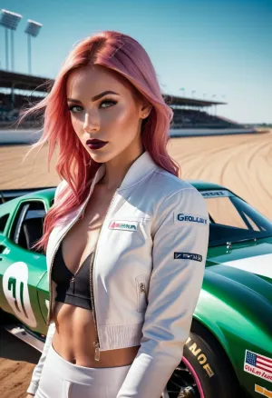 Die KI generierte ein atemberaubendes Porträt einer schönen Frau vor einem Rennwagen, die das schönste Racecar Damenkostüm aus dem Top AI Art Generator trug