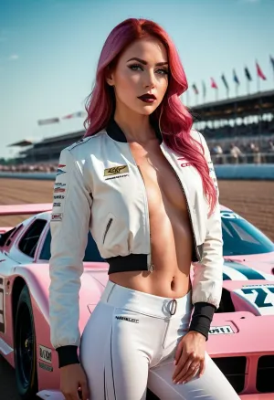 Die AI generierte eine atemberaubende 8k Tapete einer schönen Frau mit Vollkörperporträt, Racecar Frau stehen vor einem Rennwagen, stehen vor dem Rennwagen, stehen hinter dem Rennwagen, und stehen hinter dem Rennwagen