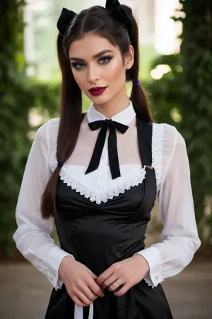 Garterbelt、彼女のセクシーなピグテールと高品質の生地でフランスのメイド、魅惑的な表情で視聴者の前で立っています。 黒いガーテルベルトと黒いストッキングを着ていました